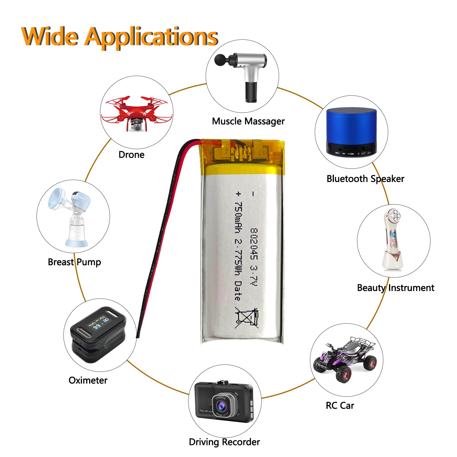 Lithium Polymer Battery 3.7V 750mAh 802045 Lipo Rechargeable